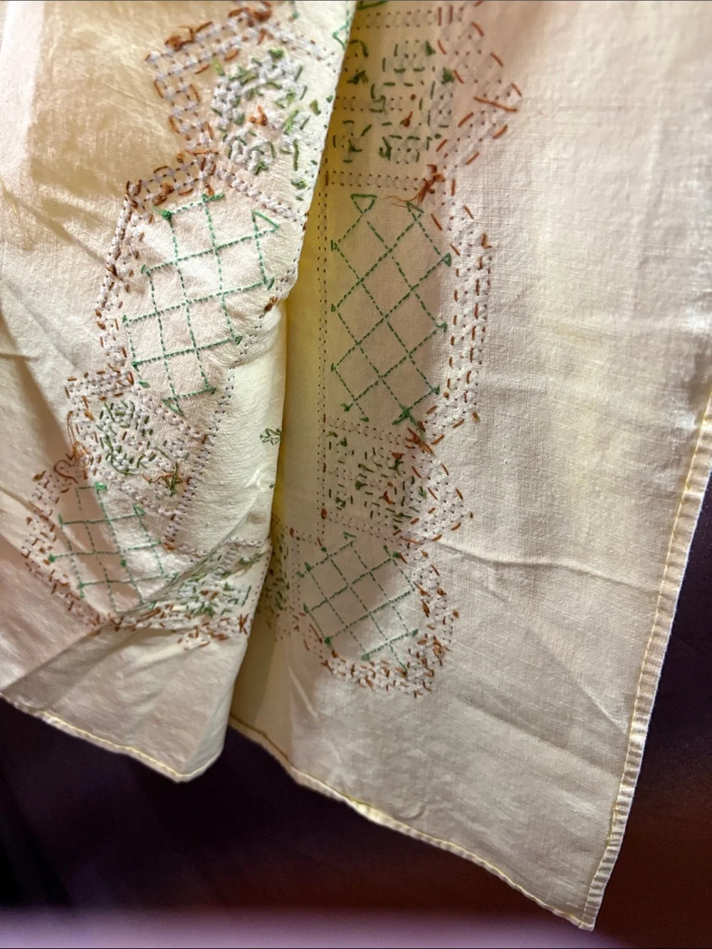 Vintage Yellow hand Floral Embroidered tablecloth cotton 137